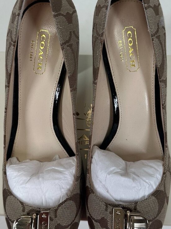 COACH Helaine Peep Toe Monogram Buckle Accent Pumps - Picture 3 of 9